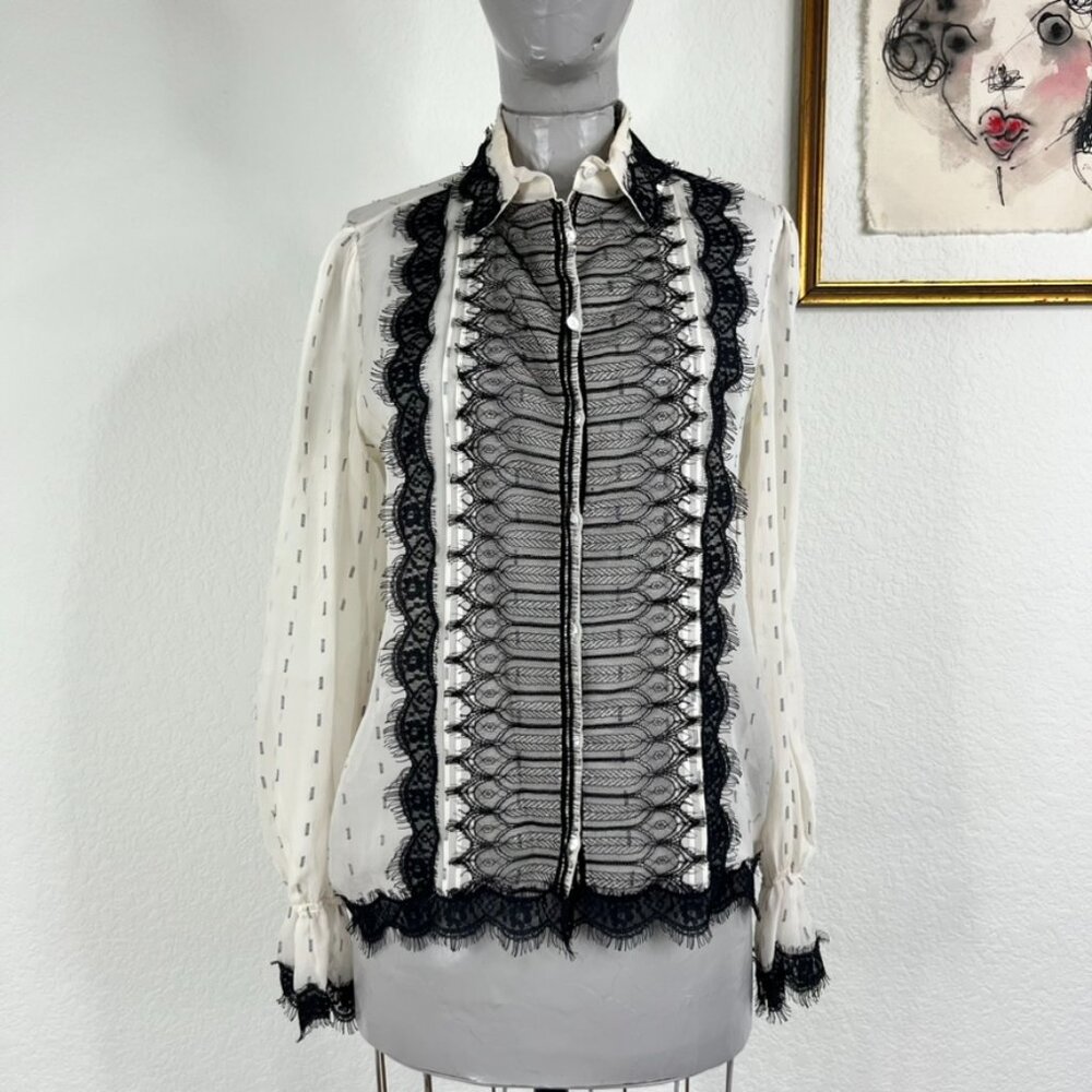 The Kooples Eyelash Lace Sheer Metallic Button Front Victorian Blouse Top
